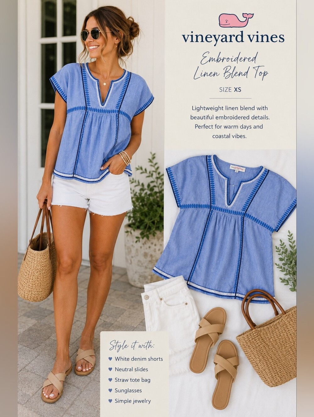 Vineyard Vines Blue Embroidered Linen Blend Top XS